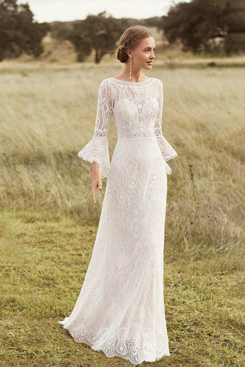 Sheath-Column Sweep-Brush Train Lace Wedding Dress 642360655746 - COCOMELODY